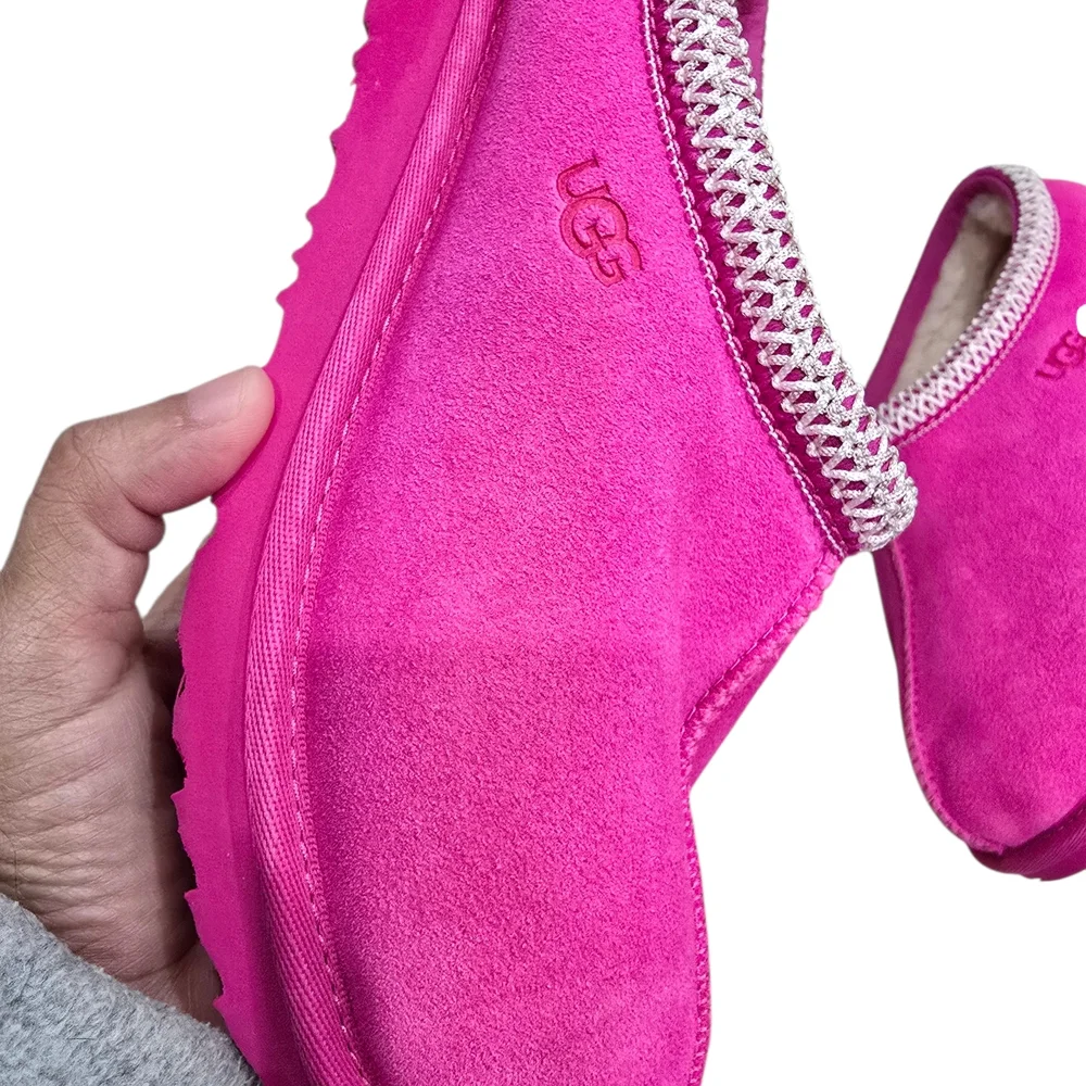UGG Pink Suede Slippers with White Trim - Picture 11 of 12